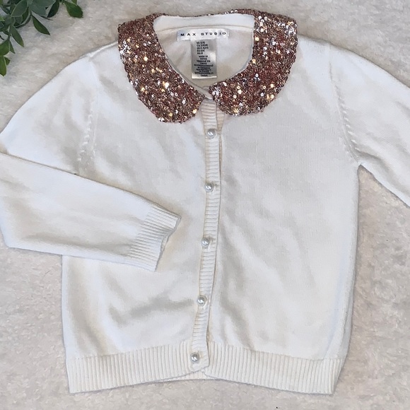Max Studio Other - Max Studio 4 Rose Gold Sequin Collar Cardigan Sweater Pea Buttons EUC Of…